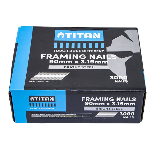 Titan 90mm Bright Steel Collated Framing Nails - 3000 Pack - Durable - Auzzistore