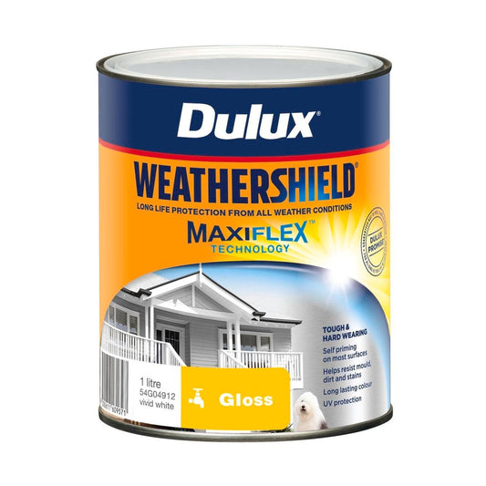 Dulux Weathershield Exterior Paint - Vivid White Gloss - 1L - 110mm x 137mm - Auzzistore