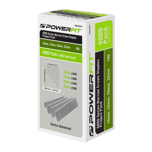 Powerfit 6000 Series Electro Galvanised Narrow Crown Staples - 4000 Pack - 16mm, 22mm, 28mm, 32mm - Corrosion Resistant - Auzzistore