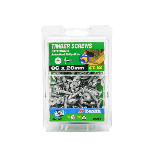 Zenith Timber Screws - 8g x 20mm Galvanised - 100 Pack - Durable - Auzzistore