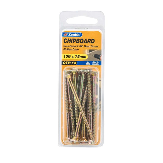 Zenith Countersunk Rib Head Chipboard Screws 10g x 75mm - 14 Pack - Gold - Auzzistore