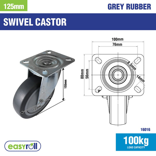Easyroll Castor - 125mm - Grey Rubber - Heavy Duty Swivel – view 2 - Auzzistore