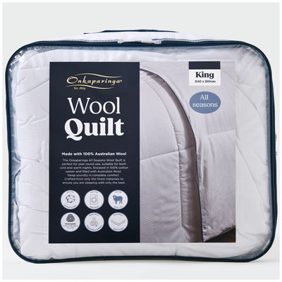 Onkaparinga All Seasons Wool Quilt King White Cotton Sateen Australian Wool
