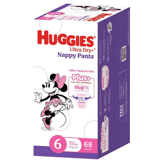 Huggies Girls' Ultra Dry+ Nappy Pants Size 6 (15kg+) 68 Pants - Auzzistore