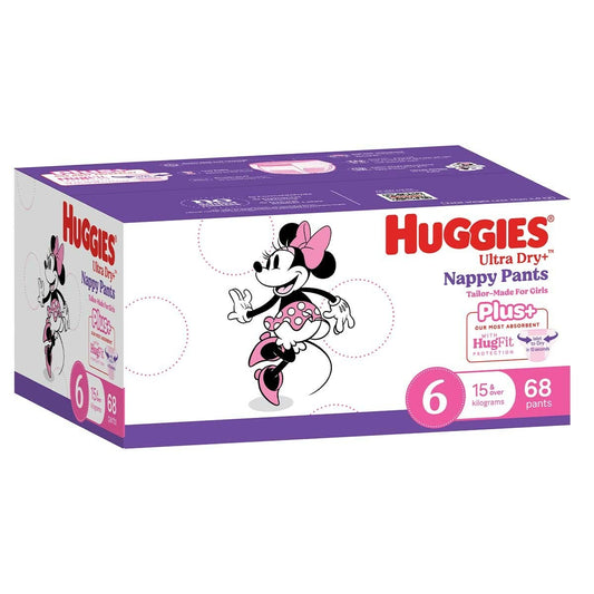 Huggies Girls' Ultra Dry+ Nappy Pants Size 6 (15kg+) 68 Pants - Auzzistore