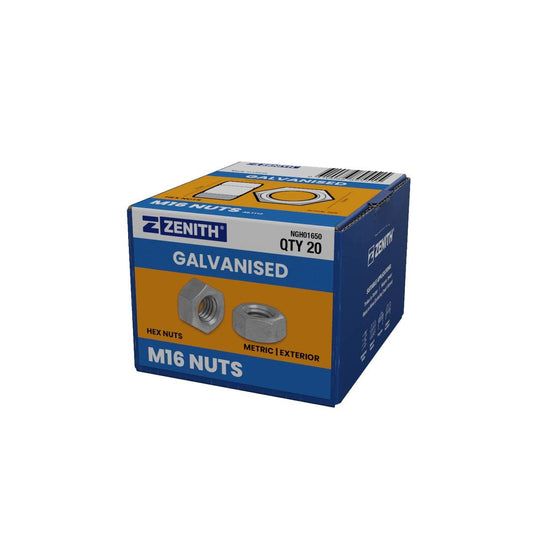 Zenith M16 Hex Nuts 20 Pack Hot Dip Galvanised Steel Rust Resistant - Auzzistore