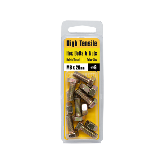 Pinnacle Hex Bolt and Nut - 8 x 20mm - Yellow Zinc - Hi Tensile - 6 Pack – view 2 - Auzzistore