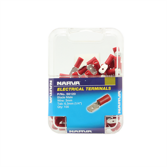 Narva Male Blade Terminal 2.5-3mm 6.3x0.8mm Red Vinyl 100 Pack