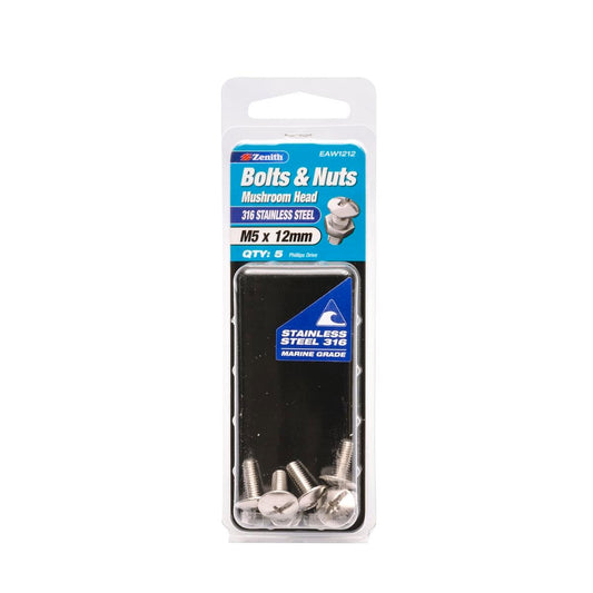 Zenith M5 x 12mm Mushroom Head Bolt and Nut 5 Pack Stainless Steel - Auzzistore