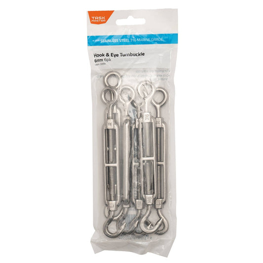 Taskmaster 6mm 316 Stainless Steel Turnbuckle 6 Pack - Tensioning Wire - 90mm x 250mm - Steel - Auzzistore