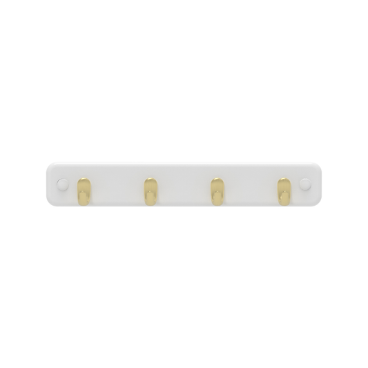 Mode 4 Key Rack - 7 Hooks - Brushed Brass on White Board - 245mm x 40mm x 32mm