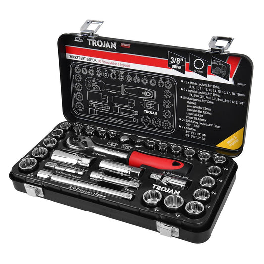 Trojan 30 Piece 3/8" Socket Tin Set - Metric & Imperial Sockets - Durable - Auzzistore