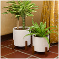 Ceramic Planters Set of 2 with Bamboo Stand White Capacity 5.5L & 3.3L