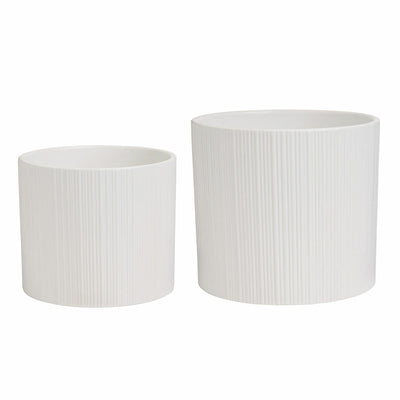 Ceramic Planters Set of 2 with Bamboo Stand White Capacity 5.5L & 3.3L