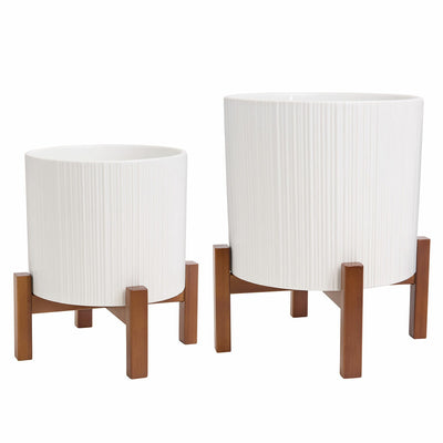 Ceramic Planters Set of 2 with Bamboo Stand White Capacity 5.5L & 3.3L