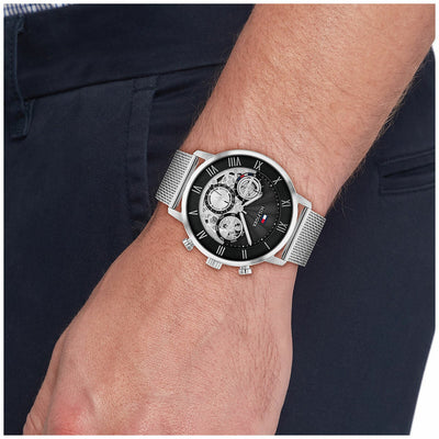 Tommy Hilfiger Legend Mens Watch 44mm Black Dial Stainless Steel Mesh 1710708