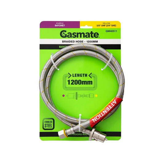 Gasmate Hose 1200mm Bayonet to 5/8" UNF 3/8" SAE - Durable Stainless Steel - Auzzistore