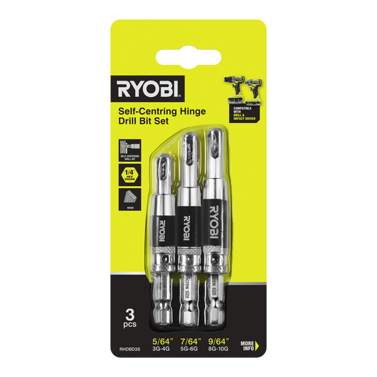 Ryobi 3 Piece Door Hinge Drill Bit Set - 5/64” 7/64” 9/64” - Self-Centring - Auzzistore