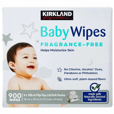 Kirkland Signature Fragrance Free Baby Wipes 9 x 100 Pack Gentle White