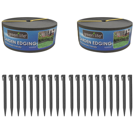 Greenlife Plastic Garden Edging 2 x 1000 x 7.5cm With 20 Pegs Black - Auzzistore