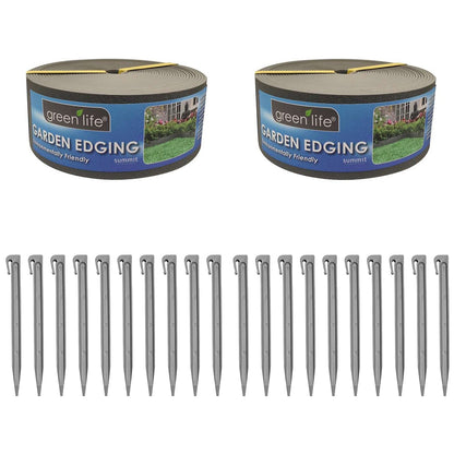 Greenlife Plastic Garden Edging 2 x (1000 x 15cm) With 20 Pegs Slate Grey