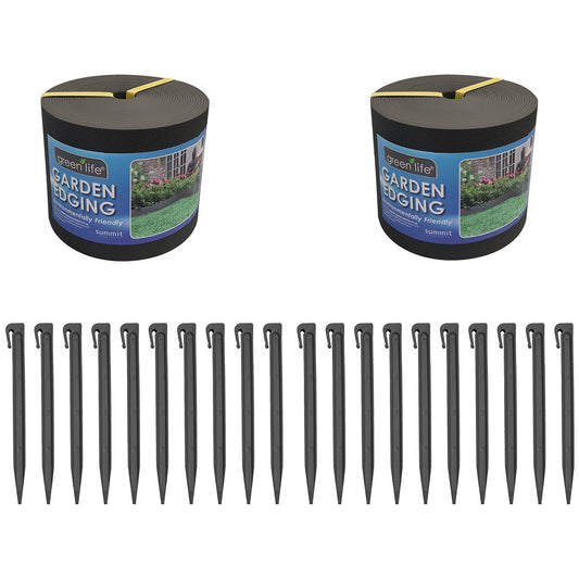 Greenlife Plastic Garden Edging 2 x (1000 x 15cm) With 20 Pegs Black - Auzzistore