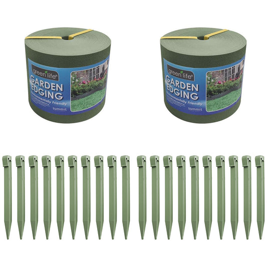 Greenlife Plastic Garden Edging 2 x (1000 x 15cm) With 20 Pegs Eucalyptus - Auzzistore
