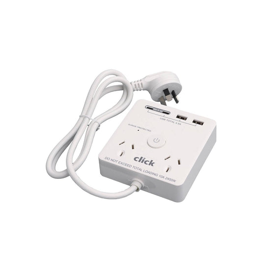 Click 2 Outlet Power Board with USB Charger - 2 Power Outlets - 4 USB Ports - Surge Protection - 104mm x 28mm x 97mm