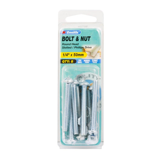 Zenith 1/4 x 50mm Zinc Plated Round Head Bolt and Nut 8 Pack - Silver - Auzzistore