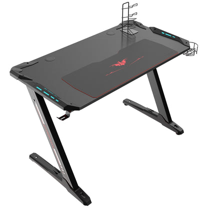 Eureka Ergonomic Z1-S Gaming Desk with Blue LED Lights, Carbon Fibre Texture, Controller Stand, Cup Holder, Headphone Hook