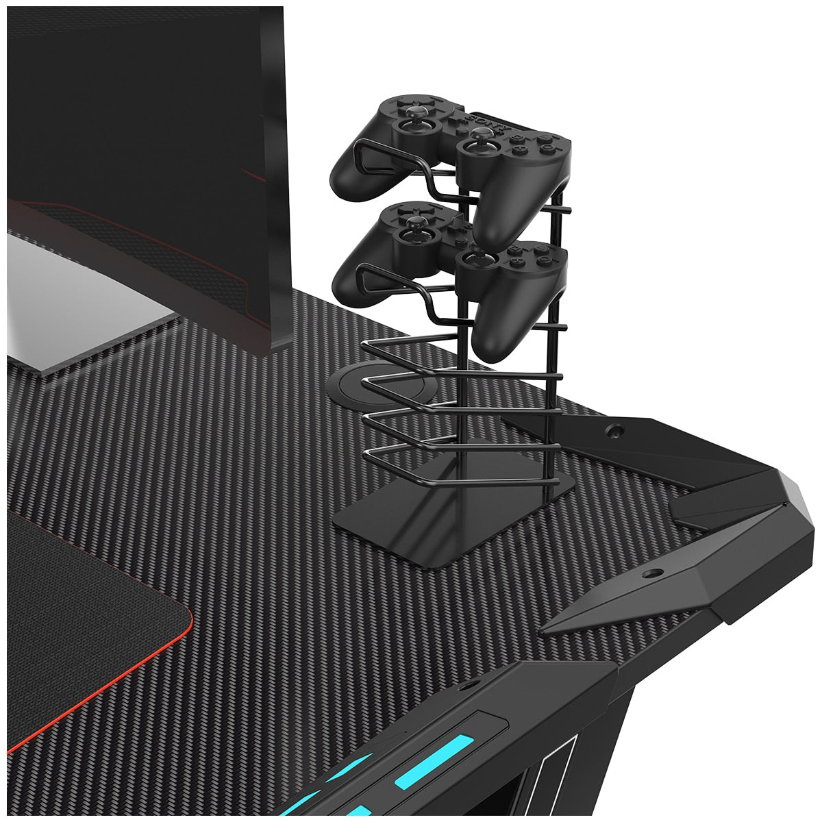 Eureka Ergonomic Z1-S Gaming Desk with Blue LED Lights, Carbon Fibre Texture, Controller Stand, Cup Holder, Headphone Hook