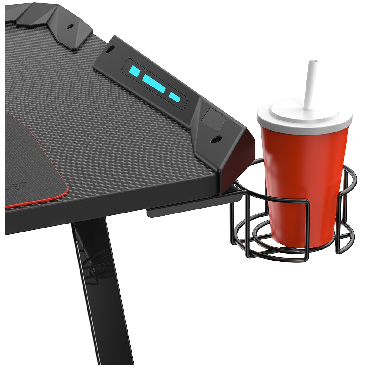 Eureka Ergonomic Z1-S Gaming Desk with Blue LED Lights, Carbon Fibre Texture, Controller Stand, Cup Holder, Headphone Hook