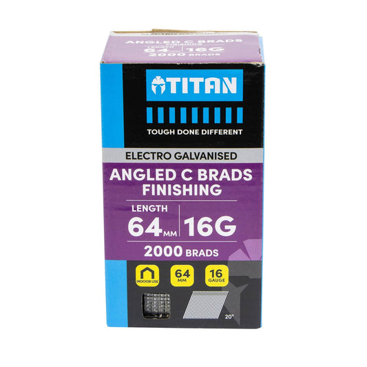 Titan 64mm 16 Gauge Electro Galvanised 20° Angled Collated Nail Brads Pack 2000 - Chisel Point Design - Corrosion Resistant - Auzzistore
