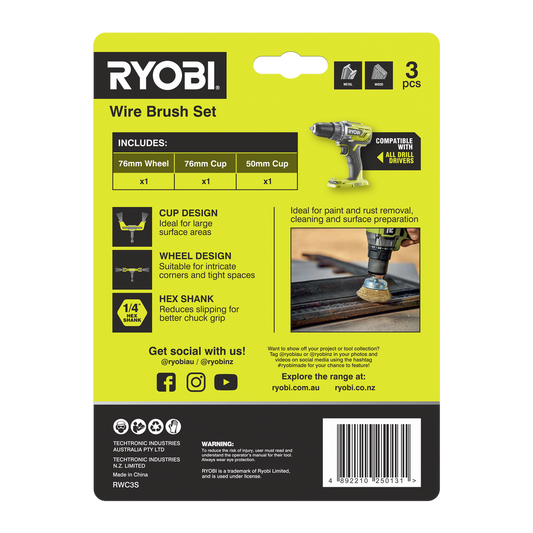 Ryobi 3 Piece Wire Brush Set - 76mm & 50mm - Rust & Paint Removal – view 2 - Auzzistore