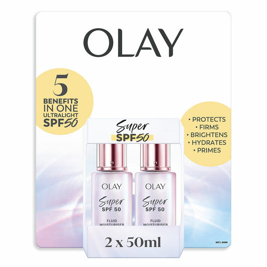 Olay Super SPF50 Fluid Moisturiser 2 x 50ml Lightweight Makeup Primer