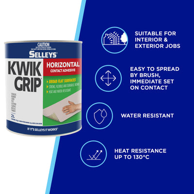 Selleys 2L Kwik Grip Horizontal Contact Adhesive - Solvent-Based - Heat Resistant - Instant Bond