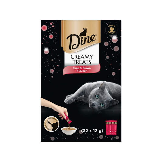 Dine Creamy Treats Tuna Prawn Flavour Cat Treats 12g x 32 Sachets - Hand-Squeeze