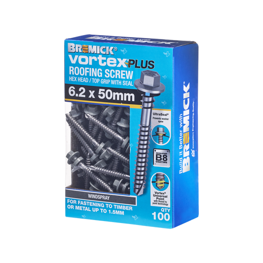 Bremick Vortex Plus Roofing Screw 6.2 x 50mm - Hex B8 - Box of 100 - Watertight Connection - Auzzistore