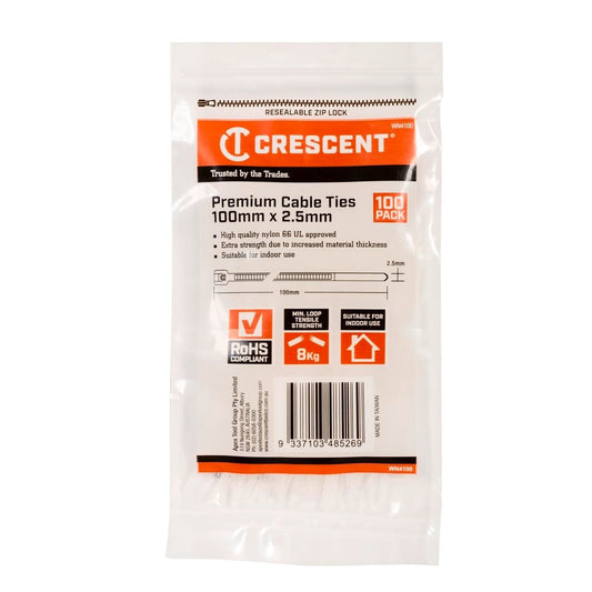 Crescent Cable Ties - 100mm x 2.5mm - Natural - 100 Pack - Nylon - Self-Locking