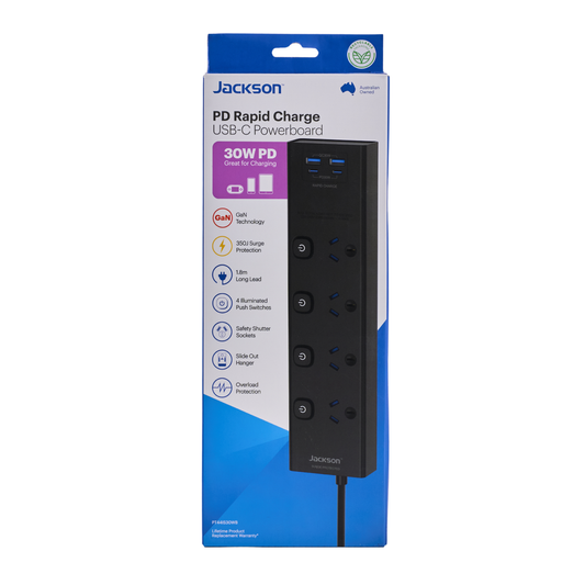 Jackson 4 Outlet Powerboard - 4 Individual Switches - 1.8m Lead - Black - USB-C & USB-A Charging
