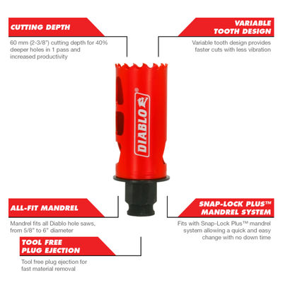 Diablo 32mm Bi Metal Hole Saw - Tool-Free Plug Ejection - Variable Tooth Design