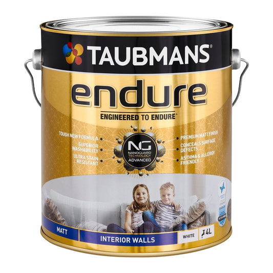 Taubmans 4L White Matt Endure Interior Walls Paint - Water Based - 4L - Stain Resistant - Washable - Auzzistore