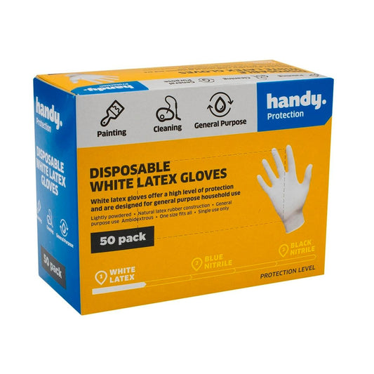 Handy Disposable Latex Gloves - White - One Size - 50 Pack - Durable - Auzzistore
