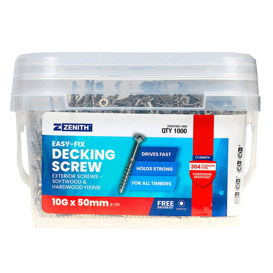 Zenith Easy Fix Decking Screw T20 10g x 50mm SS304 - 1000 Pack - Corrosion Resistant - Auzzistore