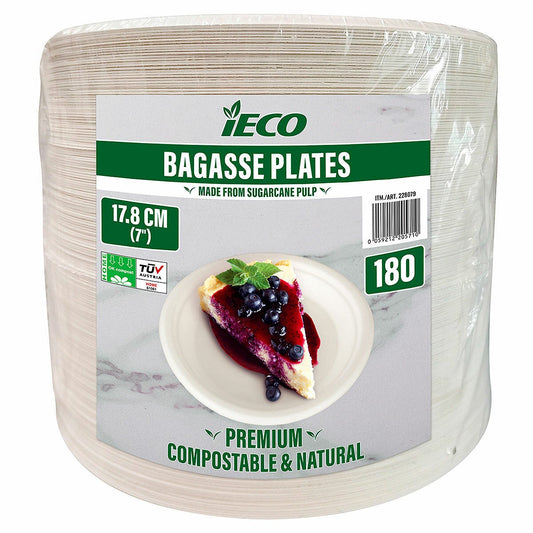 IECO Bagasse Compostable Plates 178mm 180 Count Made from Sugarcane Pulp