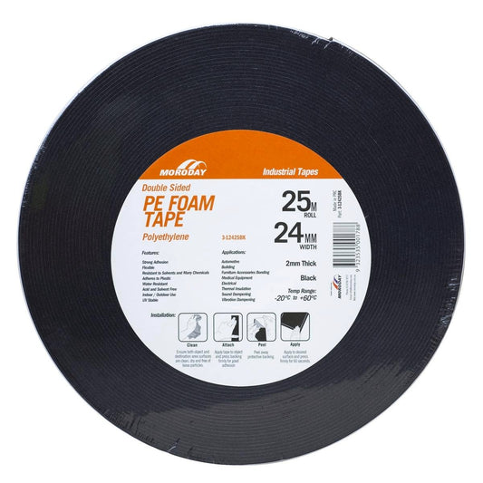 Moroday Double Sided Foam Tape - 24mm x 25m - Black - Strong Adhesion