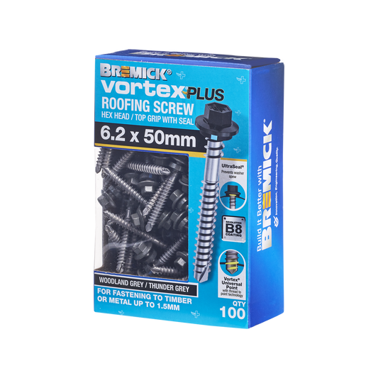 Bremick Vortex Plus Roofing Screw 6.2 x 50mm - Hex B8 Coating - Box of 100 - Watertight Connection - Auzzistore