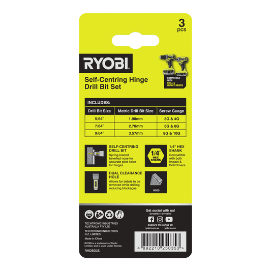 Ryobi 3 Piece Door Hinge Drill Bit Set - 5/64” 7/64” 9/64” - Self-Centring – view 2 - Auzzistore