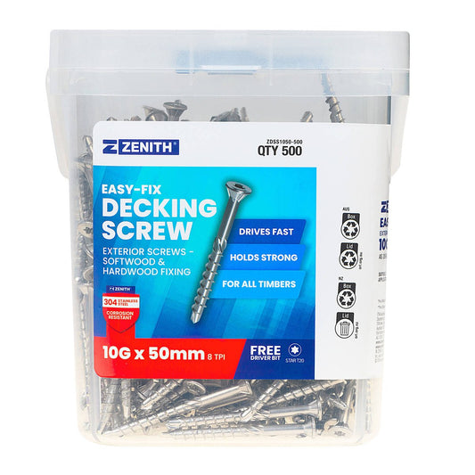 Zenith Easy Fix Decking Screw - T20 Star Head - 10g x 50mm - SS304 - 500 Pack - Auzzistore