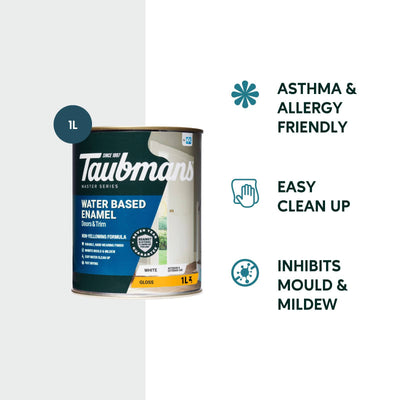 Taubmans 1L White Gloss Water Based Enamel Paint - Easy Clean-Up - Low Odour